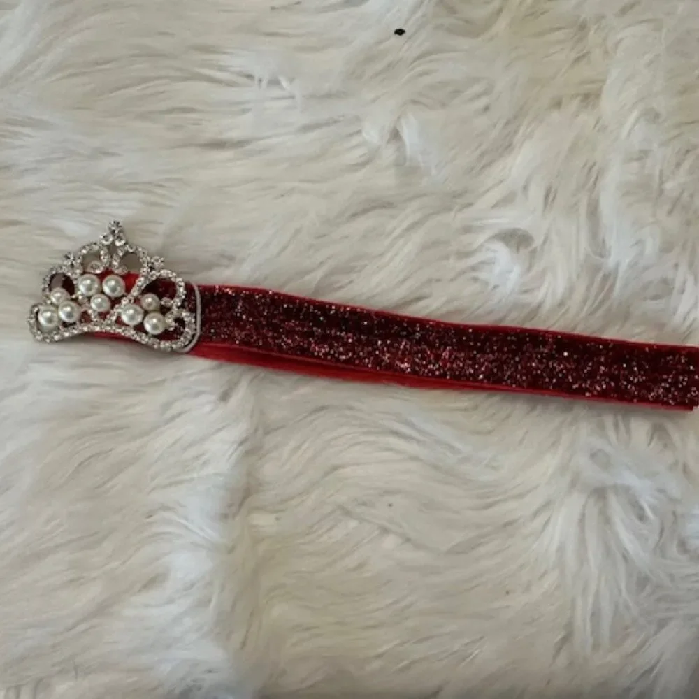 Pearl and Rhinestone Crown on Red Shimmer FOE Headband    7632 Handmade NWT